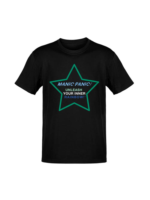 Black Manic Panic Pride T-shirt featuring a green star with the text “Unleash Your Inner Rainbow"
