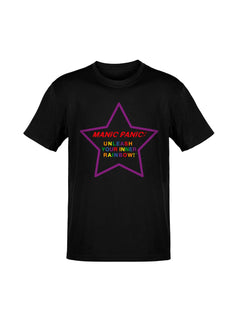 Black Manic Panic Pride T-shirt featuring a purple star with the text “Unleash Your Inner Rainbow.”