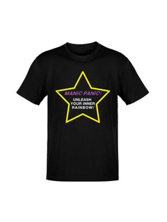 Black Manic Panic Pride T-shirt featuring a yellow star with the text “Unleash Your Inner Rainbow.