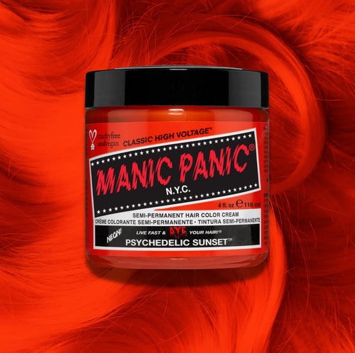 Manic Panic Psychedelic Sunset Classic High Voltage semi-permanent hair dye jar in orange-red sunset hue with matching color swatch

