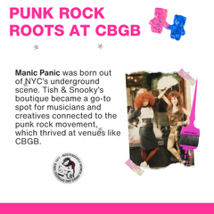 A nostalgic look at Manic Panic’s punk rock origins, featuring historic moments from CBGB and its influence on alternative beauty trends.