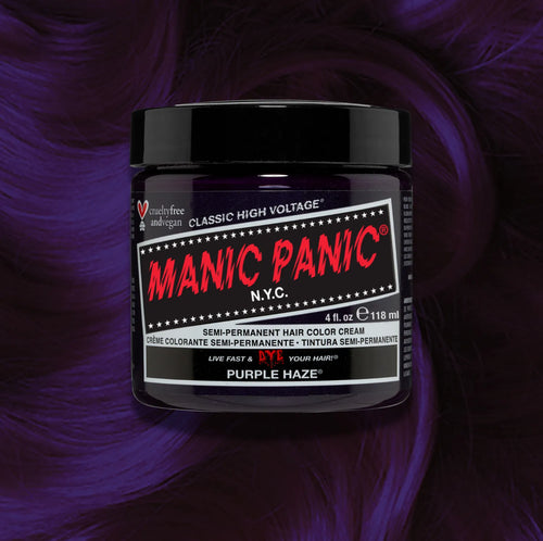 Manic Panic Purple Haze Classic High Voltage semi-permanent hair dye jar in classic purple with matching color swatch
