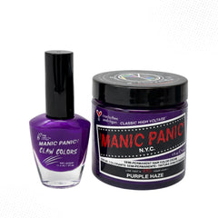 Manic Panic Purple Haze  nail polish bottle and Plurple Haze Classic High VOltage Hair dye jar bundle on a white background