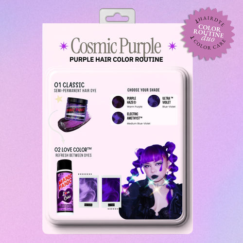 Retro product-card graphic showing Purple Haze®, Ultra Violet™ and Electric Amethyst™ semi-permanent hair dyes paired with Purple Rose™ Love Color conditioner, with a model displaying vivid purple hair.