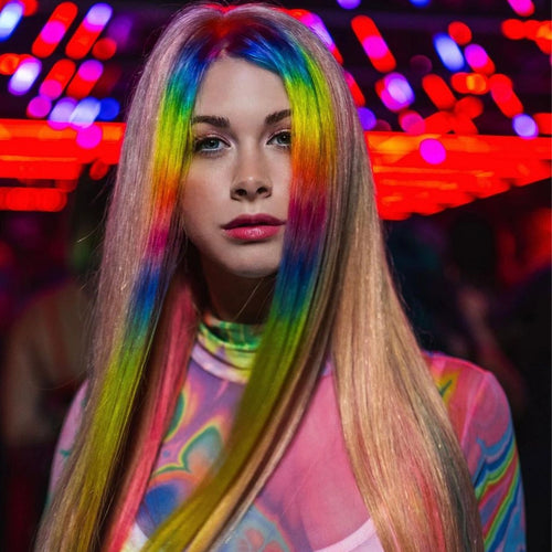 Rainbow multicolor hair created with Manic Panic vivid hair dye