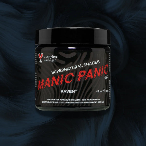 Manic Panic Classic High Voltage semi-permanent hair dye in shade Raven a vibrant, vegan hair color. Image shows a jar of Raven hair dye placed on top of a wavy raven hair swatch.
