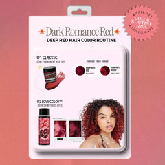 etro product-card graphic showing Vampire® Red and Rock ’N’ Roll® Red semi-permanent hair dyes paired with Rock Me Red™ Love Color conditioner, with a model displaying deep red hair.