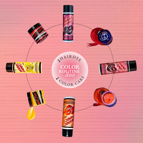  Red, orange and yellow Manic Panic  semi-permanent hair dye jars with Love Color™ color-depositing conditioners arranged in a circle.