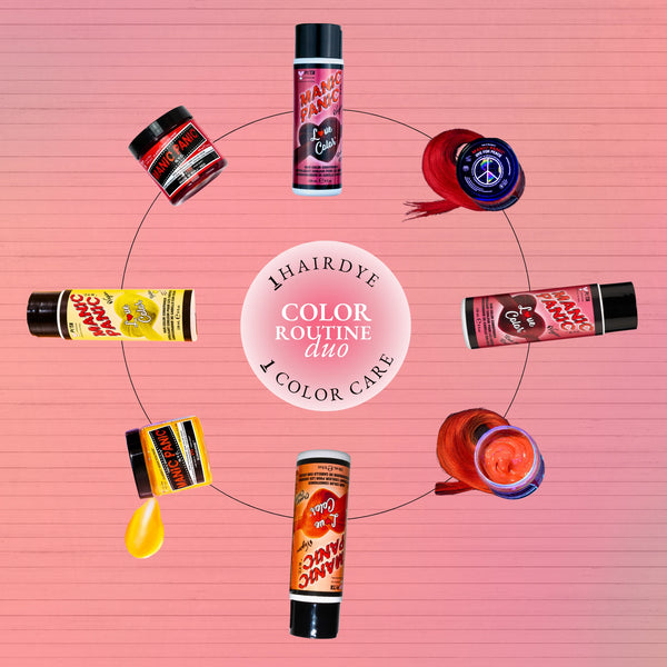  Red, orange and yellow Manic Panic  semi-permanent hair dye jars with Love Color™ color-depositing conditioners arranged in a circle.