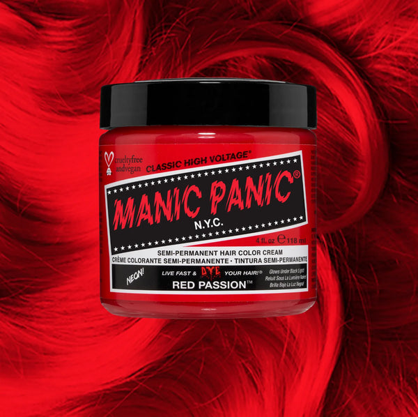 Manic Panic Classic High Voltage semi-permanent hair dye in shade Red Passion a vibrant, vegan hair color. Image shows a jar of Red Passion hair dye placed on top of a wavy red passion hair swatch.
