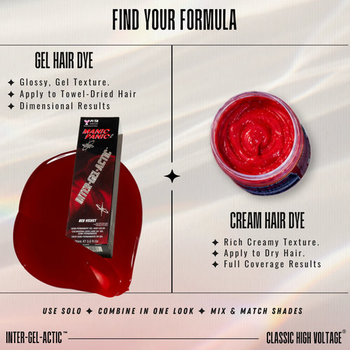 Manic Panic hair dye showing two product formats side by side: a box of Inter-Gel-Actic gel hair dye on the left and an open jar of red cream hair dye on the right, with text describing textures and application on a light satin background.