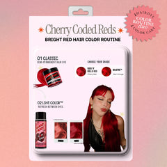 etro product-card graphic showing Vampire’s Kiss® and Wildfire™ semi-permanent hair dyes paired with Red Desire™ Love Color conditioner, with a model displaying vivid red hair