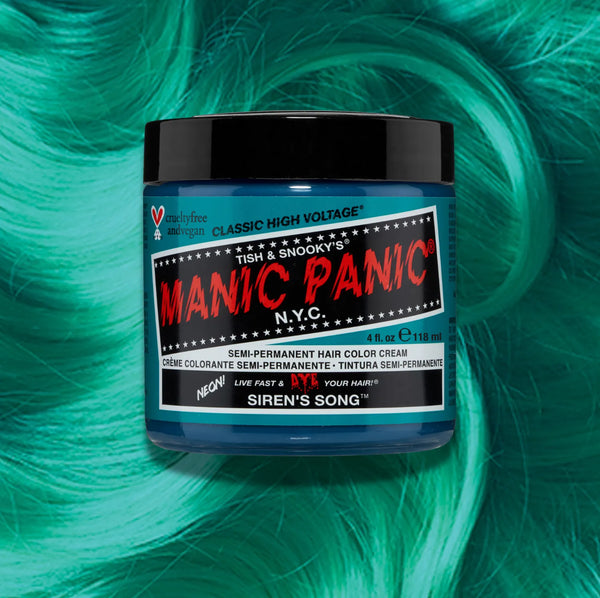 Manic Panic Classic High Voltage semi-permanent hair dye in shade Siren's Song a vibrant, vegan hair color. Image shows a jar of Siren's Song hair dye placed on top of a wavy green blue hair swatch.
