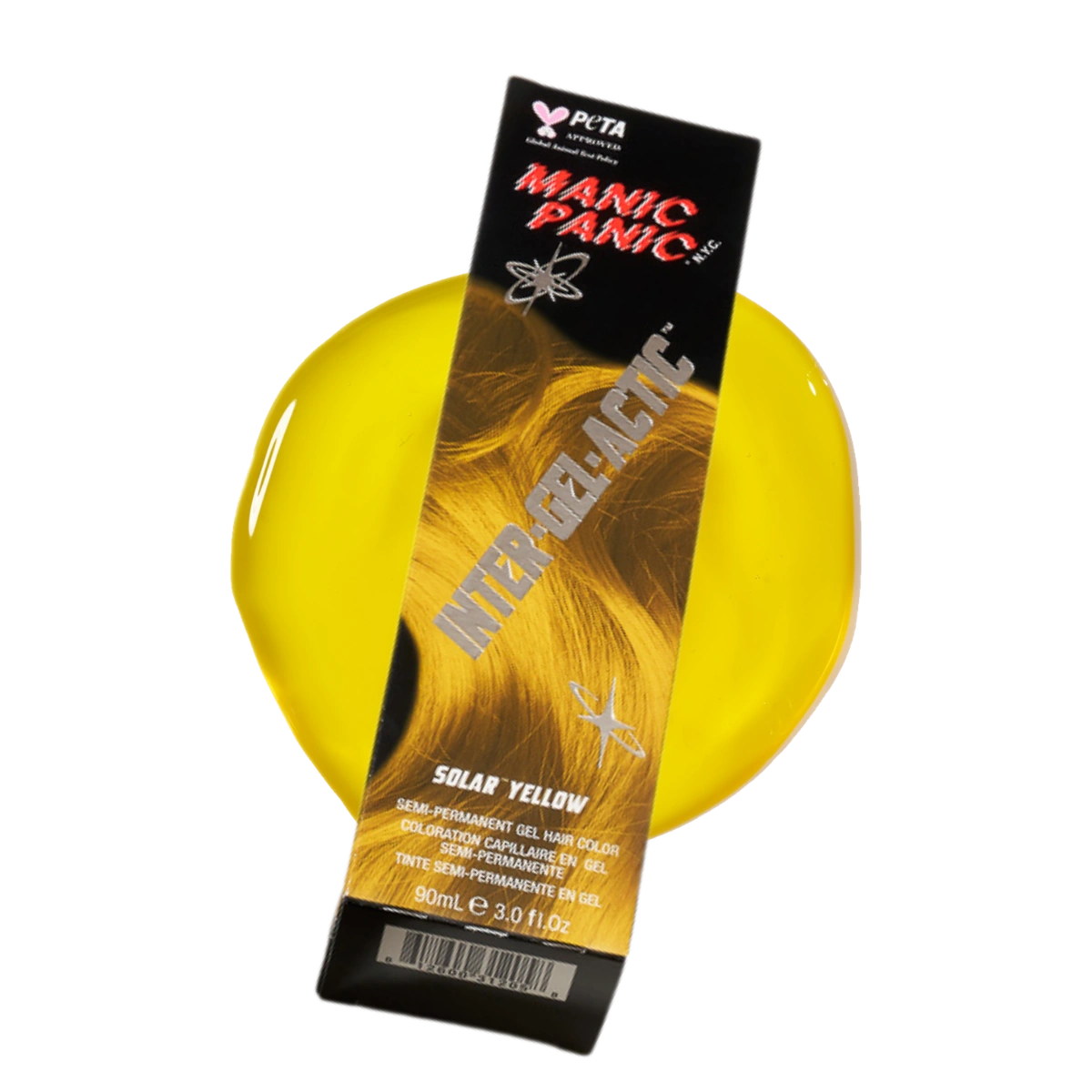 A tube of Manic Panic Solar Yellow hair gel is shown standing upright in front of a glossy, circular yellow gel swatch on a white background.