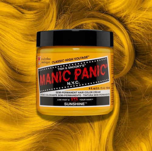 Manic Panic Sunshine Classic High Voltage semi-permanent hair dye jar in bright yellow with matching color swatch

