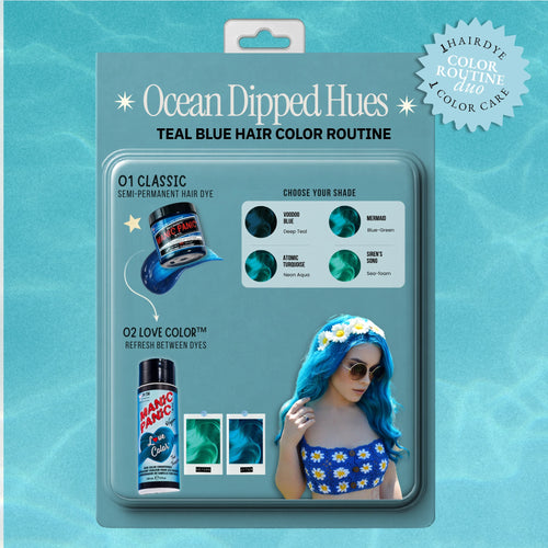 Retro product-card graphic showing T Ocean Dipped Hues Teal Blue Hair Color Routine package, featuring aqua and teal  hair dye bottles, shade swatches, and a model wearing bright teal-blue hair against a matching water-textured background.