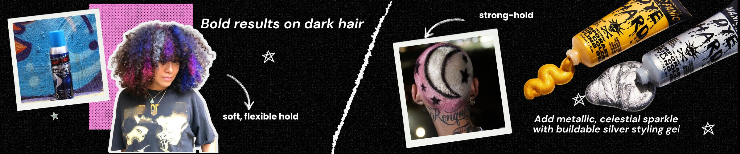 Promotional graphic for hair care products with text on dark hair and product images.