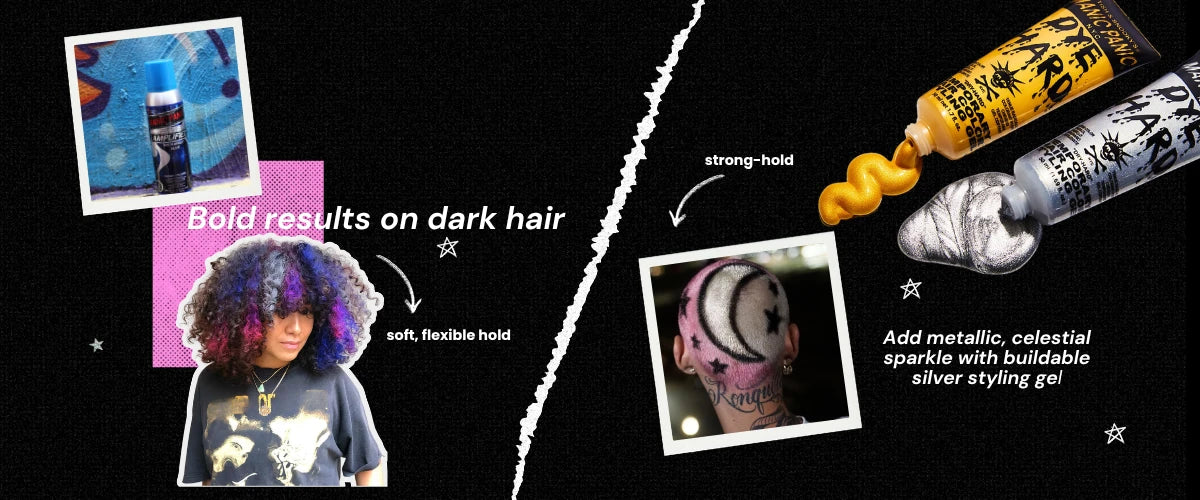 Product advertisement for hair styling gel with images of hair and text on a black background.