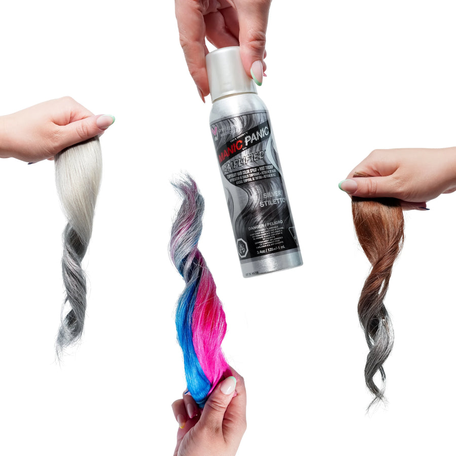 Silver Stiletto temporary hair color spray on dark hair, platinum hair, and multi-color hair  showing metallic silver results on different hair colors