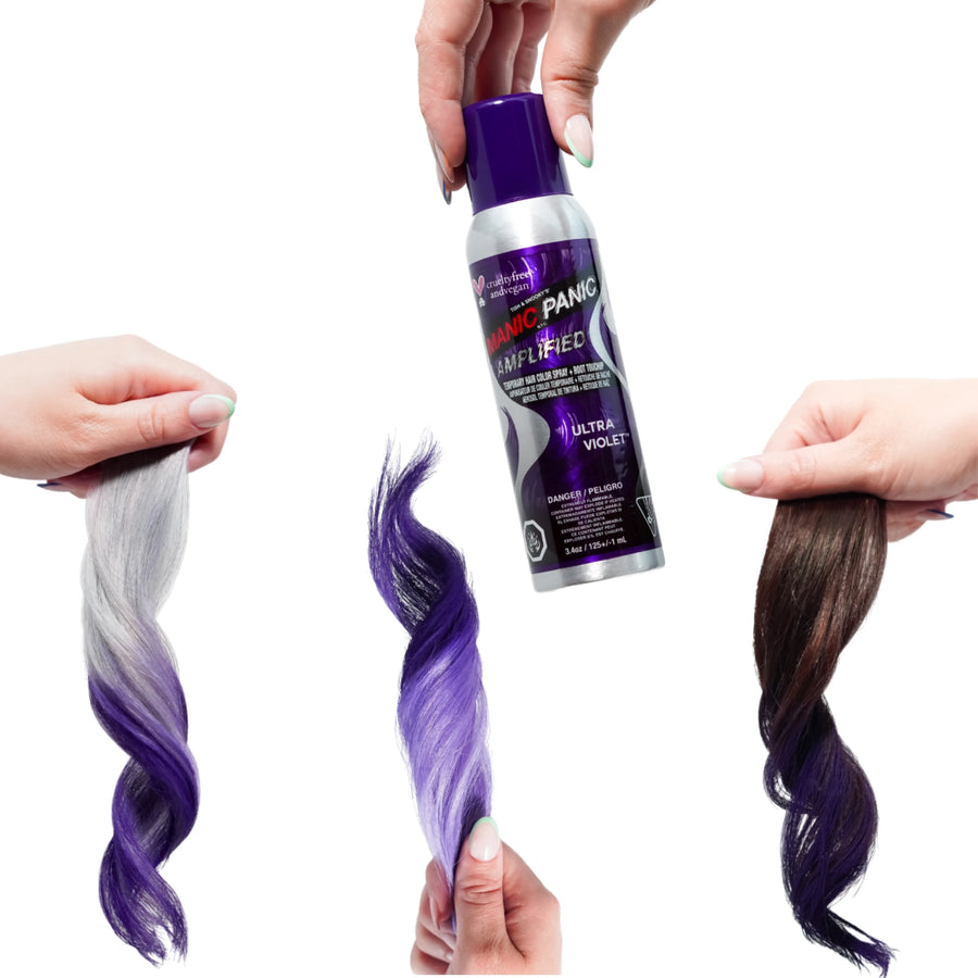 Ultra Violet temporary hair color spray on dark hair showing vibrant purple results