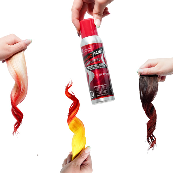 Temporary hair color spray red to yellow gradient on dark hair using Manic Panic Wildfire shade