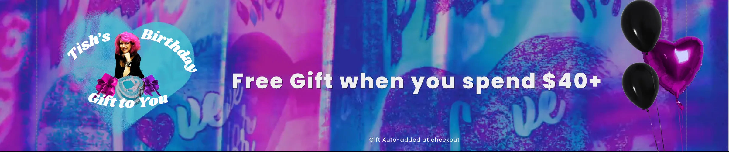 Promotional banner with a cartoon character, text, and balloons on a blue and purple gradient background.