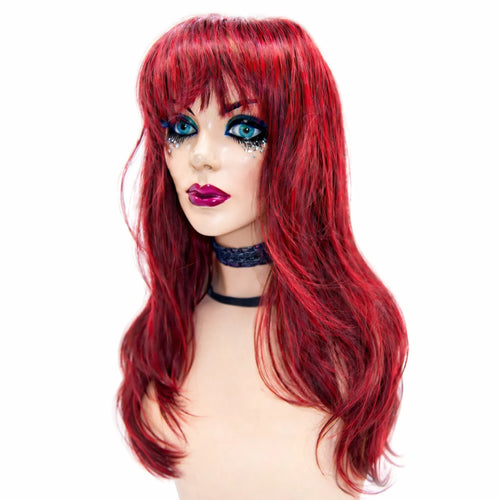Tramp® Wig by Manic Panic® – long vibrant red wig with loose waves and full fringe (bangs), front view