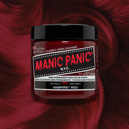 Manic Panic Vampire Red Classic High Voltage semi-permanent hair dye jar in dark blood red with matching color swatch
