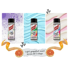 Three bottles ofhair care collection n in a three-panel graphic with purple foam, blue swirls, and white cream textures, plus grapefruit slices and peel strips. Text reads 'Light grapefruit scent across all 3 steps'.