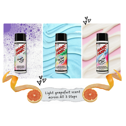Three bottles ofhair care collection n in a three-panel graphic with purple foam, blue swirls, and white cream textures, plus grapefruit slices and peel strips. Text reads 'Light grapefruit scent across all 3 steps'.