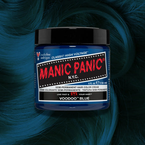 Manic Panic Voodoo Blue Classic High Voltage semi-permanent hair dye jar in turquoise-blue hybrid with matching color swatch
