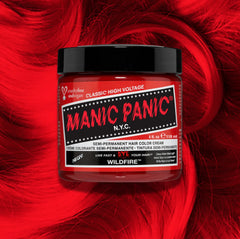 Manic Panic Wildfire Classic High Voltage semi-permanent hair dye jar in fiery orange-red with matching color swatch

