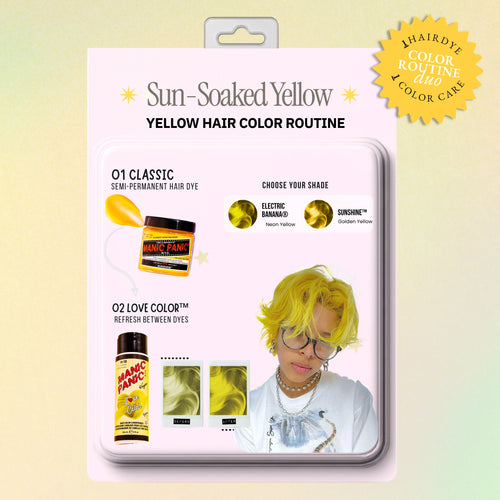 Retro product-card graphic showing Electric Banana® and Sunshine™ semi-permanent hair dyes paired with Yellow Heart™ Love Color conditioner, with a model displaying bright yellow hair.
