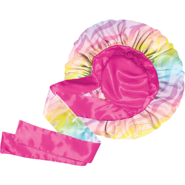 bright pastel zebra print shower cap with pink interior and matching headband on a white background