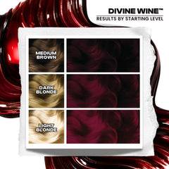 Inter-GEL-actic Divine Wine semi-permanent burgundy hair color results chart showing outcomes on medium brown, dark blonde, and light blonde hair levels