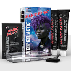 Manic Panic Inter-GEL-actic™ Love Power Purple gel hair color kit showing box, two 2 oz gel color tubes, gloves, tint brush, and Stellar Shield™ Barrier Cream, a semi-permanent DIY hair dye with a glossy finish.