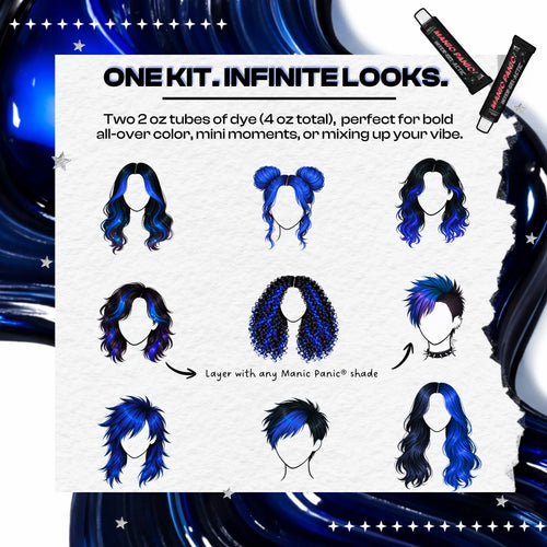Graphic showing creative hairstyle looks using Manic Panic Inter-GEL-actic™ Celestine Blue gel hair color kit, a semi-permanent DIY hair dye with two 2 oz tubes for bold blue color and custom styling