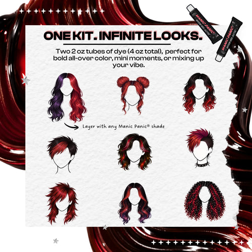Graphic showing creative hairstyle looks using Manic Panic Inter-GEL-actic™ Divine Wine gel hair color kit, a semi-permanent DIY hair dye with two 2 oz tubes for deep wine-toned color and custom styling