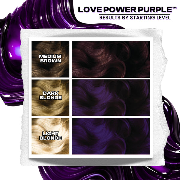 Inter-GEL-actic Love Power Purple semi-permanent purple hair color results chart showing outcomes on medium brown, dark blonde, and light blonde hair levels