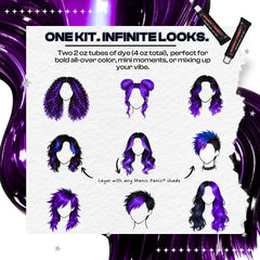 Graphic showing creative hairstyle looks using Manic Panic Inter-GEL-actic™ Love Power Purple gel hair color kit, a semi-permanent DIY hair dye with two 2 oz tubes for bold purple color and custom styling