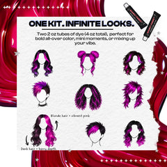 Graphic showing creative hairstyle looks using Manic Panic Inter-GEL-actic™ Pink Warrior gel hair color kit, a semi-permanent DIY hair dye with two 2 oz tubes for vibrant pink color and custom styling
