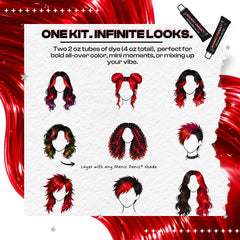 Graphic showing creative hairstyle looks using Manic Panic Inter-GEL-actic™ Red Velvet gel hair color kit, a semi-permanent DIY hair dye with two 2 oz tubes for bold red color and custom styling