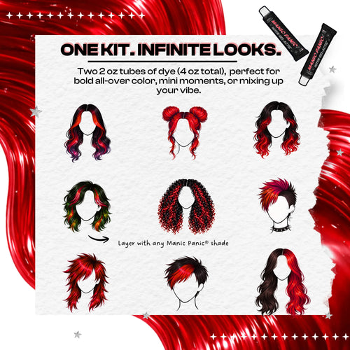 Graphic showing creative hairstyle looks using Manic Panic Inter-GEL-actic™ Red Velvet gel hair color kit, a semi-permanent DIY hair dye with two 2 oz tubes for bold red color and custom styling