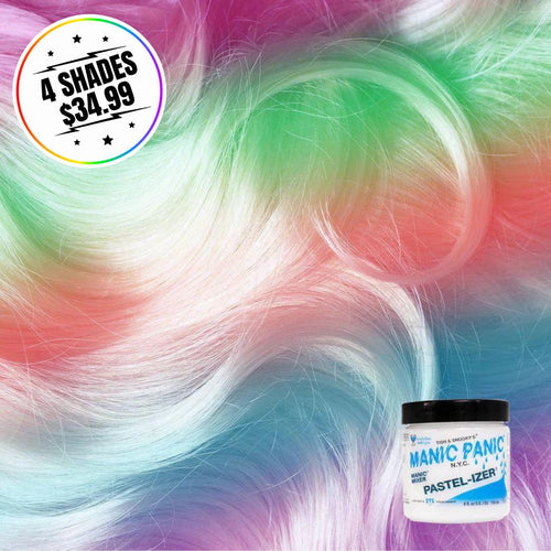 A jar of hair color with a hair swatch background. Sticker states buy 4 shades for $34.99