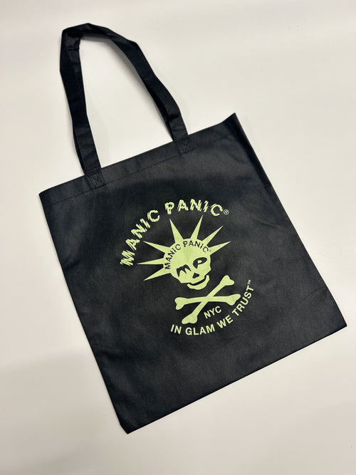 Black  In Glam We Trust Manic Panic reusable tote bag with Skully logo in varying colors