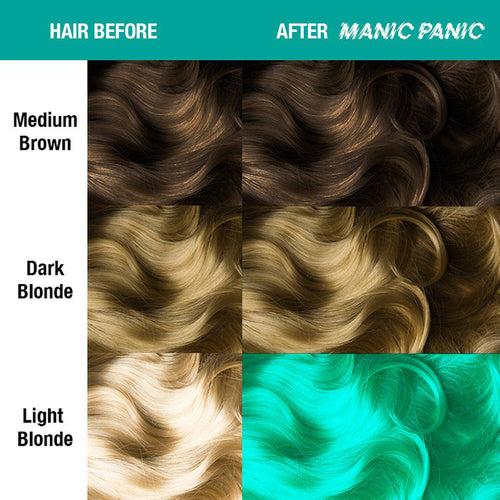 Siren's Song™ - Amplified™ - Tish & Snooky's Manic Panic, neon blue green, mermaid blue, turquoise, blue green, sea green, ocean green, sea foam green, semi permanent hair color, hair dye, hair level chart, shade sheet