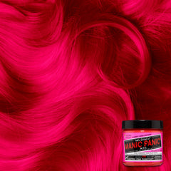 A jar of Electric Pussycat Pink hair color with a hair swatch background. 