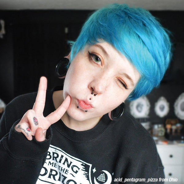Bad Boy Blue™ - Amplified™ - Tish & Snooky's Manic Panic, muted blue, subdued blue, denim blue, grey blue, green blue, blue, cool blue, neutral blue, bleu, blu, semi permanent hair color, hair dye, @acid_pentagram_pizza