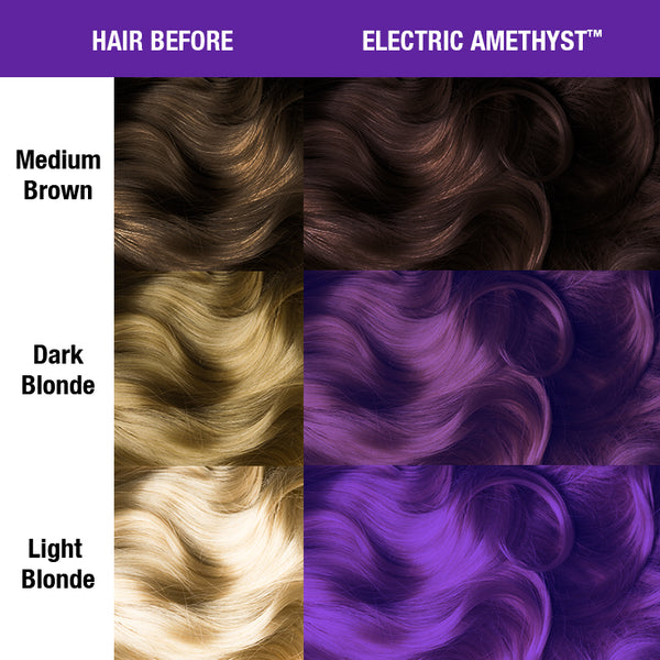 Electric Amethyst™ - Classic High Voltage® - Tish &amp; Snooky&#39;s Manic Panic, glowing purple, glowing violet, medium violet, medium violet, glowing purple, bright purple, bright violet, amethyst violet, amethyst purple, iris purple, blue based violet, blue toned violet, blue based purple, blue toned violet, semi permanent hair color, hair dye, hair level chart, shade sheet