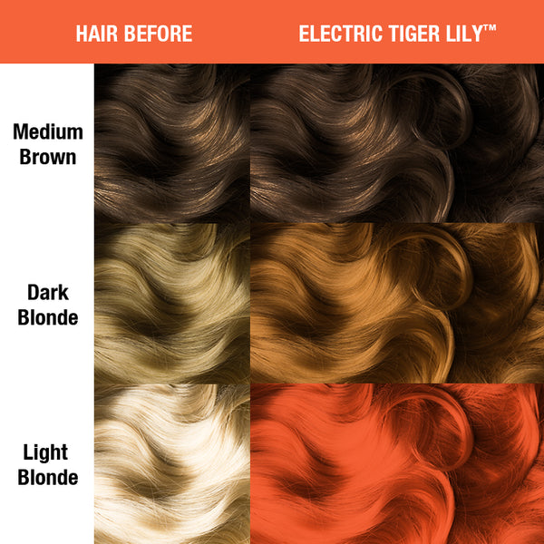 Electric Tiger Lily™ - Classic High Voltage® - Tish &amp; Snooky&#39;s Manic Panic, blaze, outrageous, gold, red, sunset, royal, spice, pumpkin, burnt, bronze, ochre, ginger, tiger, apricot, carrot, marmalade, sandstone, yam, hair level, hair color, hair swatch, hair dye, manic panic semi permanent hair, glow, neon, black light